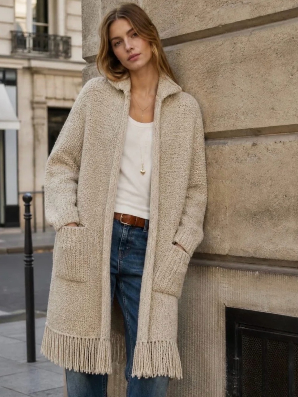 Something Navy Beige Fringe-Trim Open-Front Cardigan